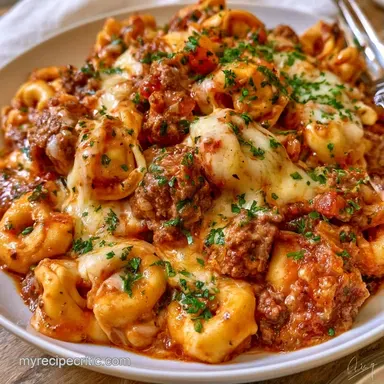 One-Pot Cheesy Ground Beef Tortellini Recipe Card