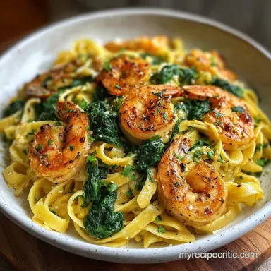 Garlic Shrimp Spinach Pasta in 20 Minutes, Silky Recipe Card
