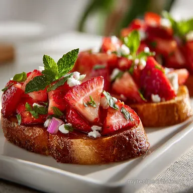 Galentines Party Food Idea with Pink Strawberry Bruschetta Recipe Card