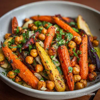 One Pan Roasted Carrot and Chickpea Bowl with Garlic in 30 Min Recipe Card