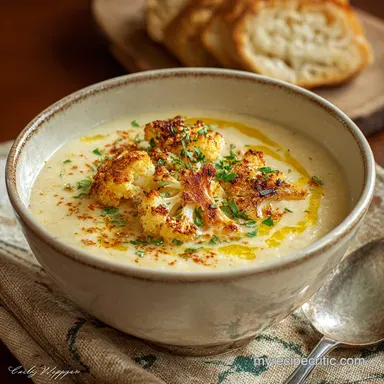 Roasted Cauliflower Soup Velvety White Cheddar Recipe Recipe Card