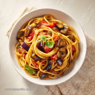 Roasted Eggplant Pasta with Jammy Tomatoes in 50 Minutes Recipe Card