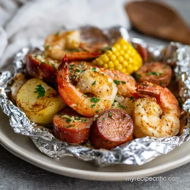 Shrimp and Sausage Seafood Boil Foil Packets for 4 Servings Recipe Card