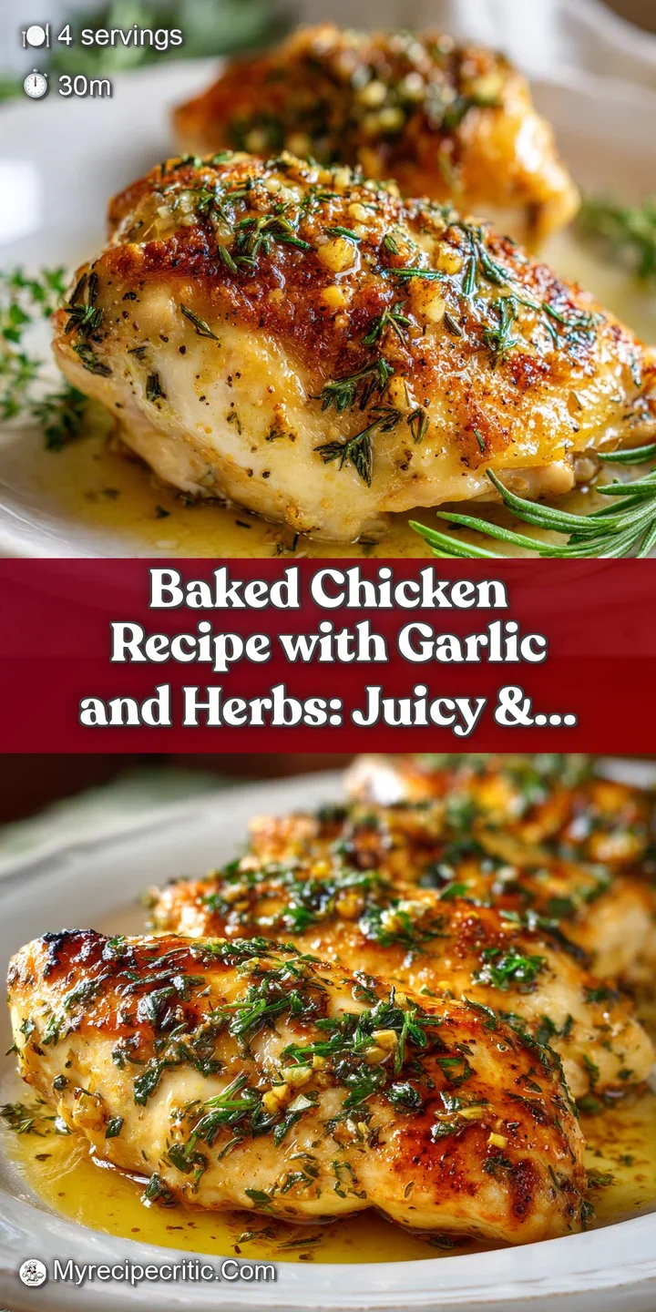 Close-up reveals juicy, tender baked chicken with herbs and garlic, capturing the savory aroma and appetizing texture of t...