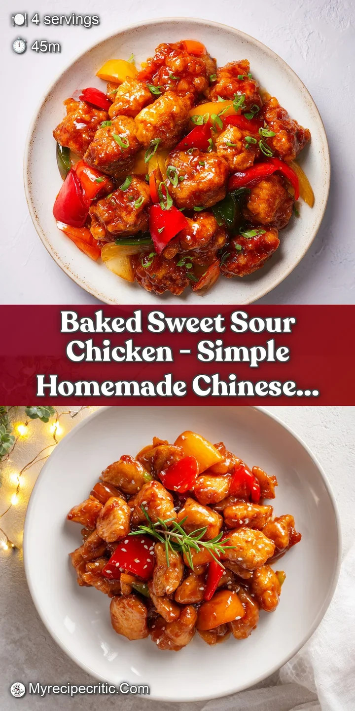 Close-up of succulent, baked chicken chunks coated in a rich, glossy sweet and sour sauce with visible peppers.