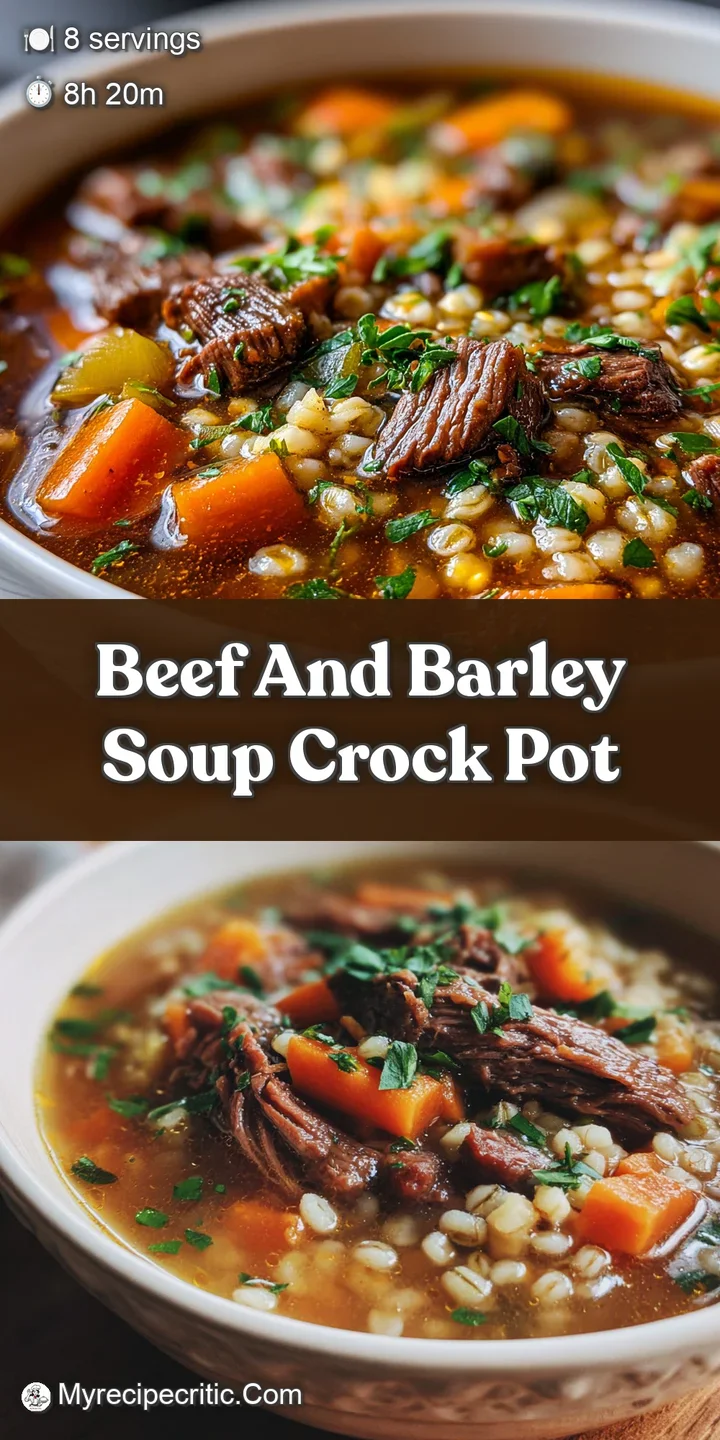 Close-up of beef and barley soup, highlighting tender beef, plump barley, and colorful vegetables in a rich, dark broth.