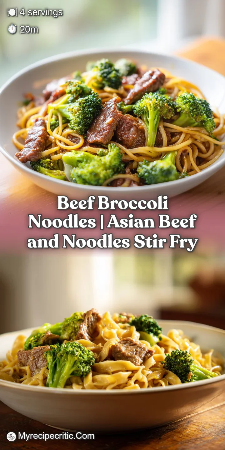 Close-up of glossy, stir-fried noodles with succulent beef and crisp-tender broccoli florets, steam gently rising, hinting...