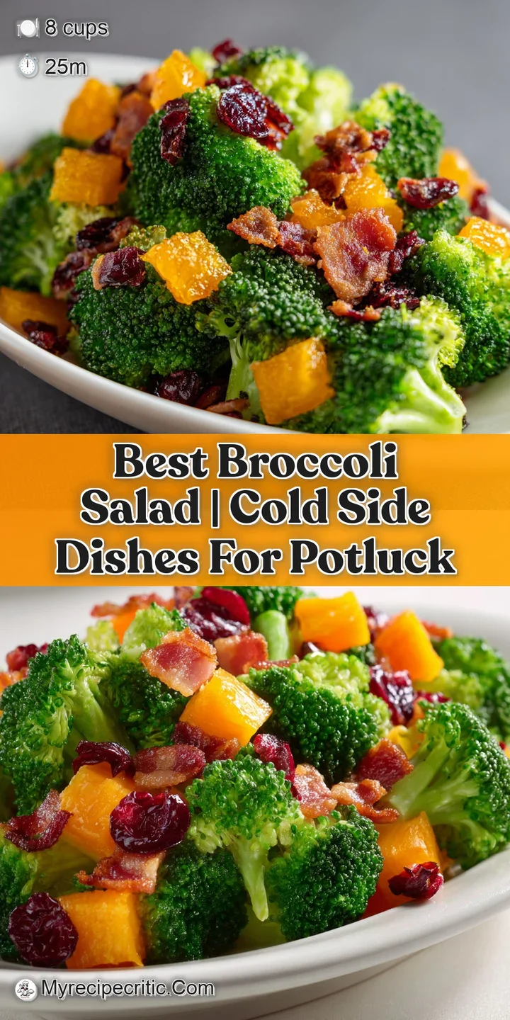 Macro shot of crisp green broccoli coated in creamy dressing with pops of ruby red cranberries and golden seeds.