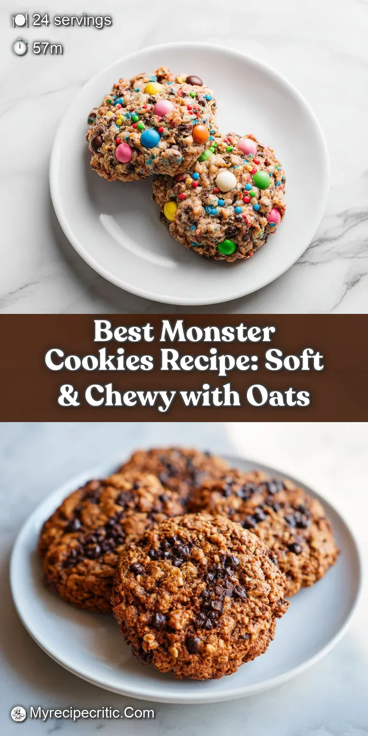 Close-up of a soft monster cookie with melted chocolate and colorful candy pieces. Shows a crinkled, textured surface, and...