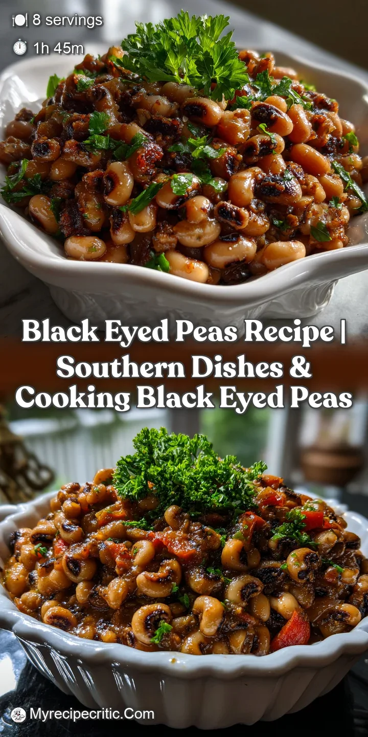 Close-up of a bubbling pot of black-eyed peas, glistening with flavorful cooking liquid, with visible smoky notes and soft...