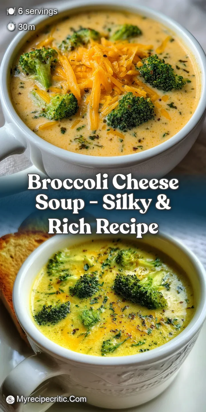 Close-up: Steaming, thick broccoli cheese soup. Melted cheddar glistens, with visible bits of broccoli and creamy texture.