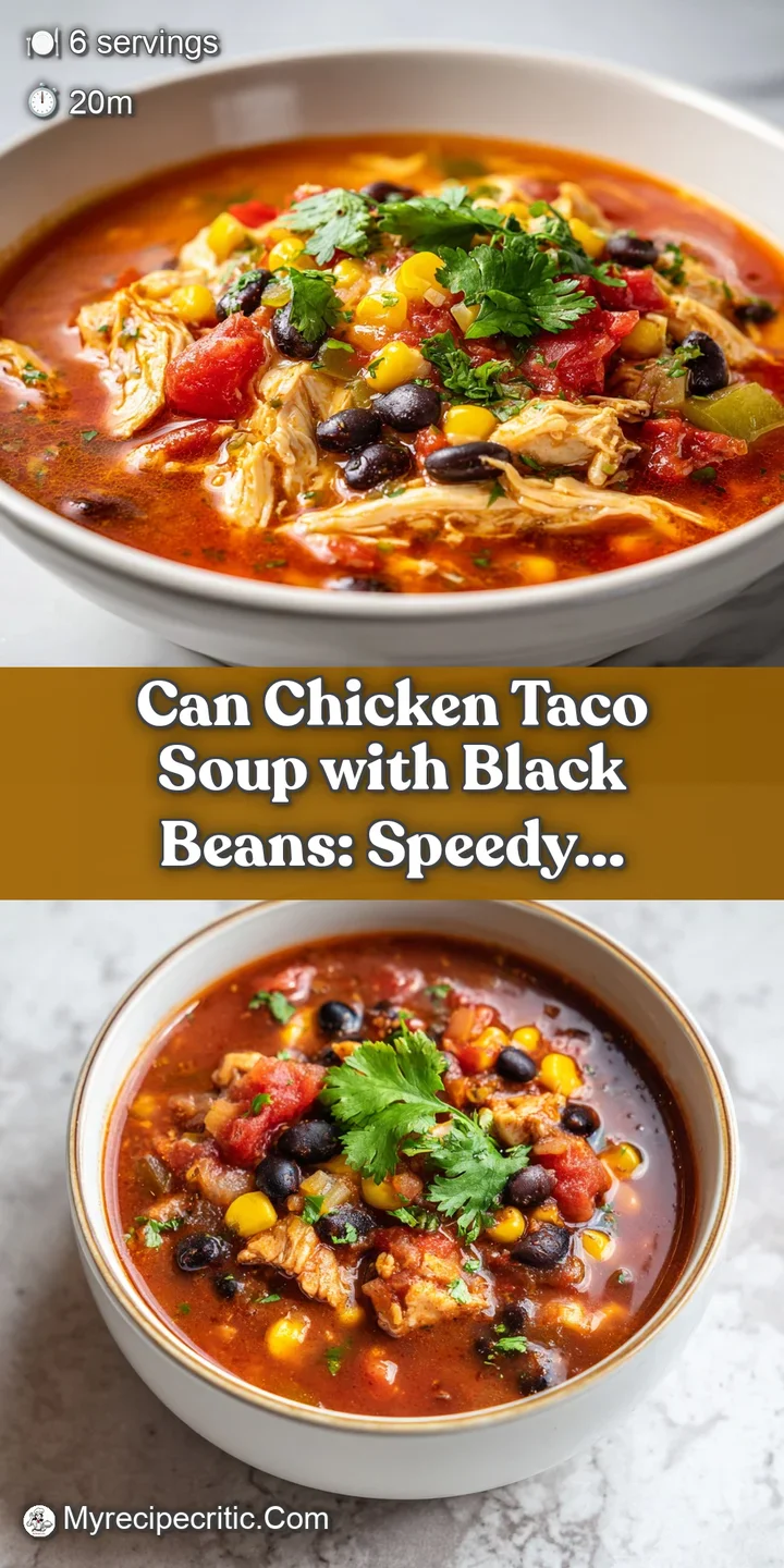 Close-up of simmering chicken taco soup, showcasing the rich broth, tender chicken, and plump black beans with vibrant veg...