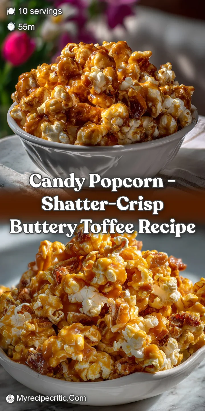 Close-up of crackly, amber toffee coating individual popcorn kernels, reflecting light with a tempting, glossy finish.