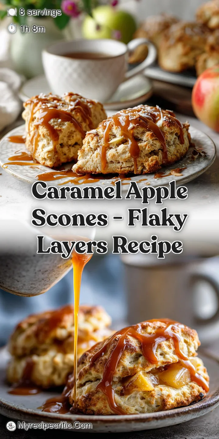 Close-up of a caramel apple scone's flaky texture, sugary crust, and juicy apple pieces, promising a sweet, tangy bite.