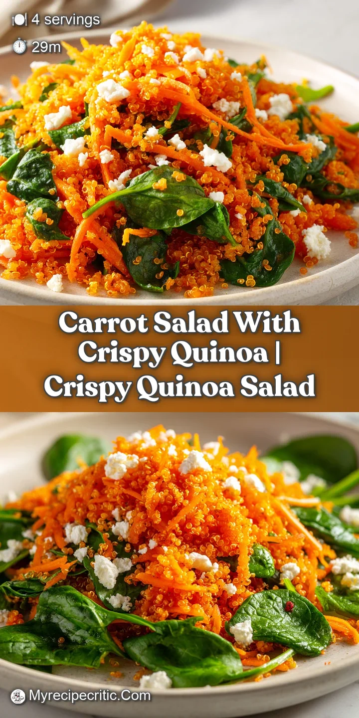 Close-up of glossy, vibrant orange shredded carrots mixed with toasted golden quinoa and a light, shimmering oil.