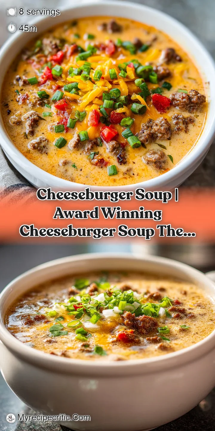 Close-up of a spoonful of hearty cheeseburger soup, showing gooey cheese and savory beef crumbles.