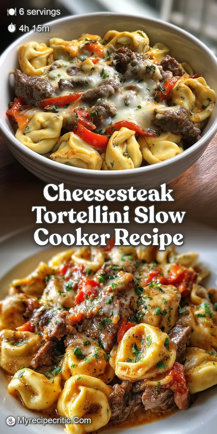 Close-up of cheesesteak tortellini showcasing rich, melted cheese clinging to tender pasta and savory ground beef.