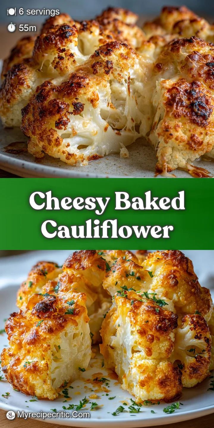 Close-up of a cheesy baked cauliflower dish: bubbly, golden cheese and tender, slightly browned cauliflower florets gliste...