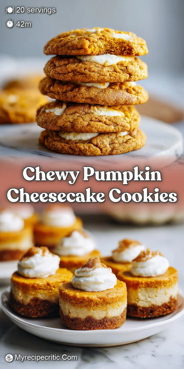 Close-up shot capturing the soft, pillowy texture of a pumpkin cheesecake cookie. Swirls of creamy filling visible through...