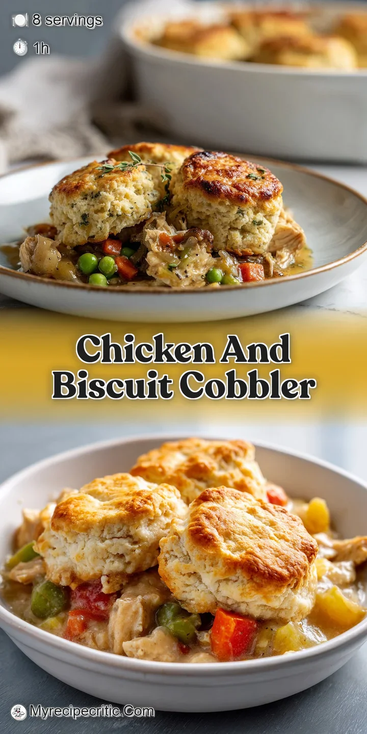 Close-up: Steaming, creamy chicken filling peeks out from under a golden brown, flaky biscuit. Herbs add colorful flecks.