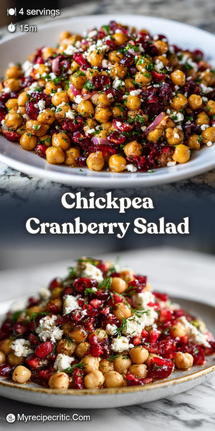 Close-up of creamy chickpea salad with pops of red cranberries & green herbs. The creamy dressing glistens in the light.