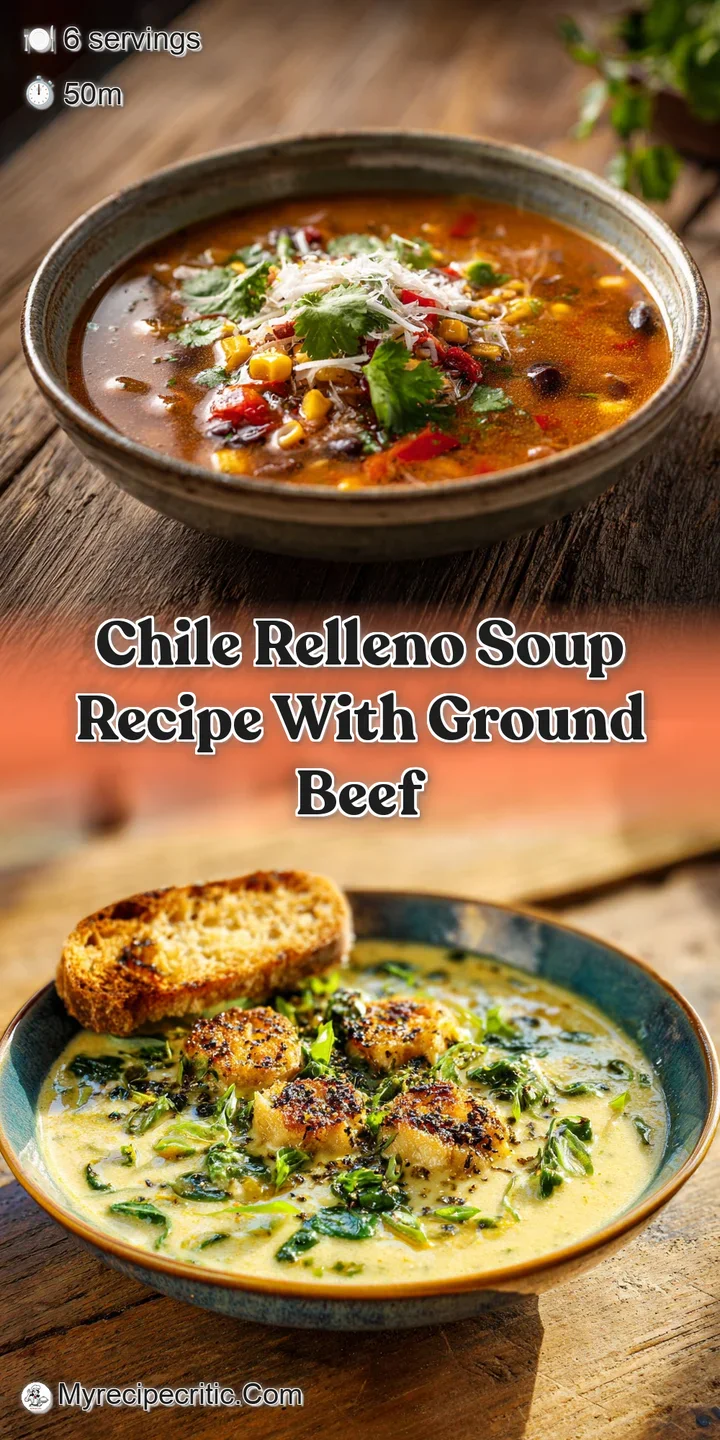 Close-up of chili relleno soup: rich, textured broth with bits of ground beef, melted cheese, and poblano peppers.