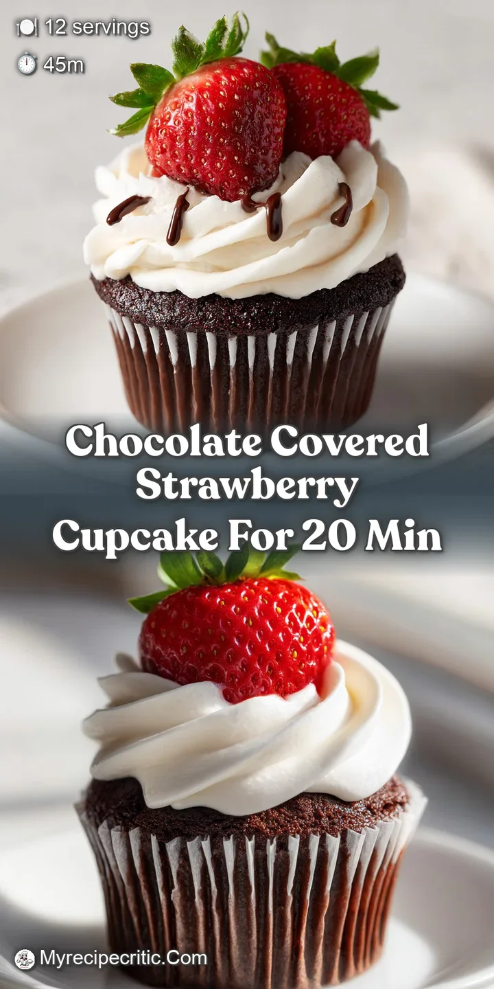 Close-up of a chocolate cupcake; shiny chocolate coating a fresh strawberry. Rich, dark, and delicious, the perfect bite.