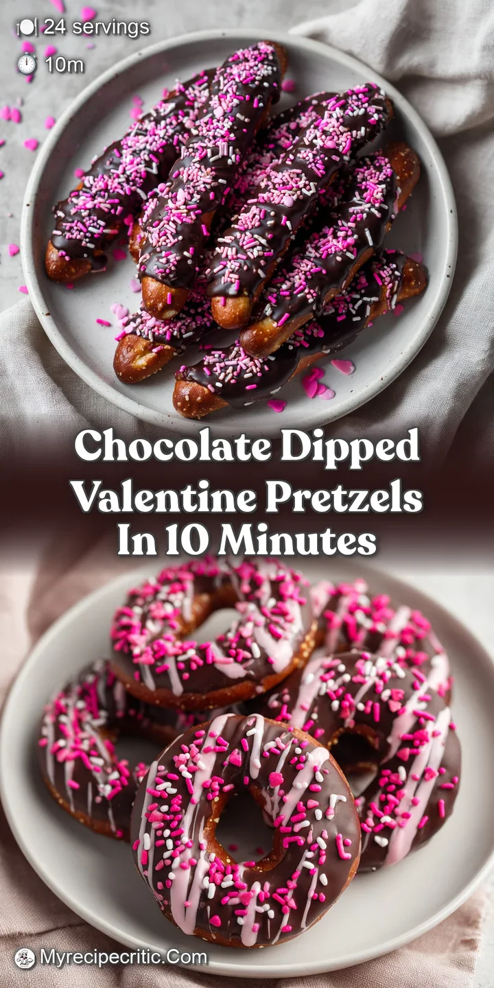 Close-up of a glossy dark chocolate pretzel, generously coated with vibrant Valentine's Day sprinkles, showcasing its deli...