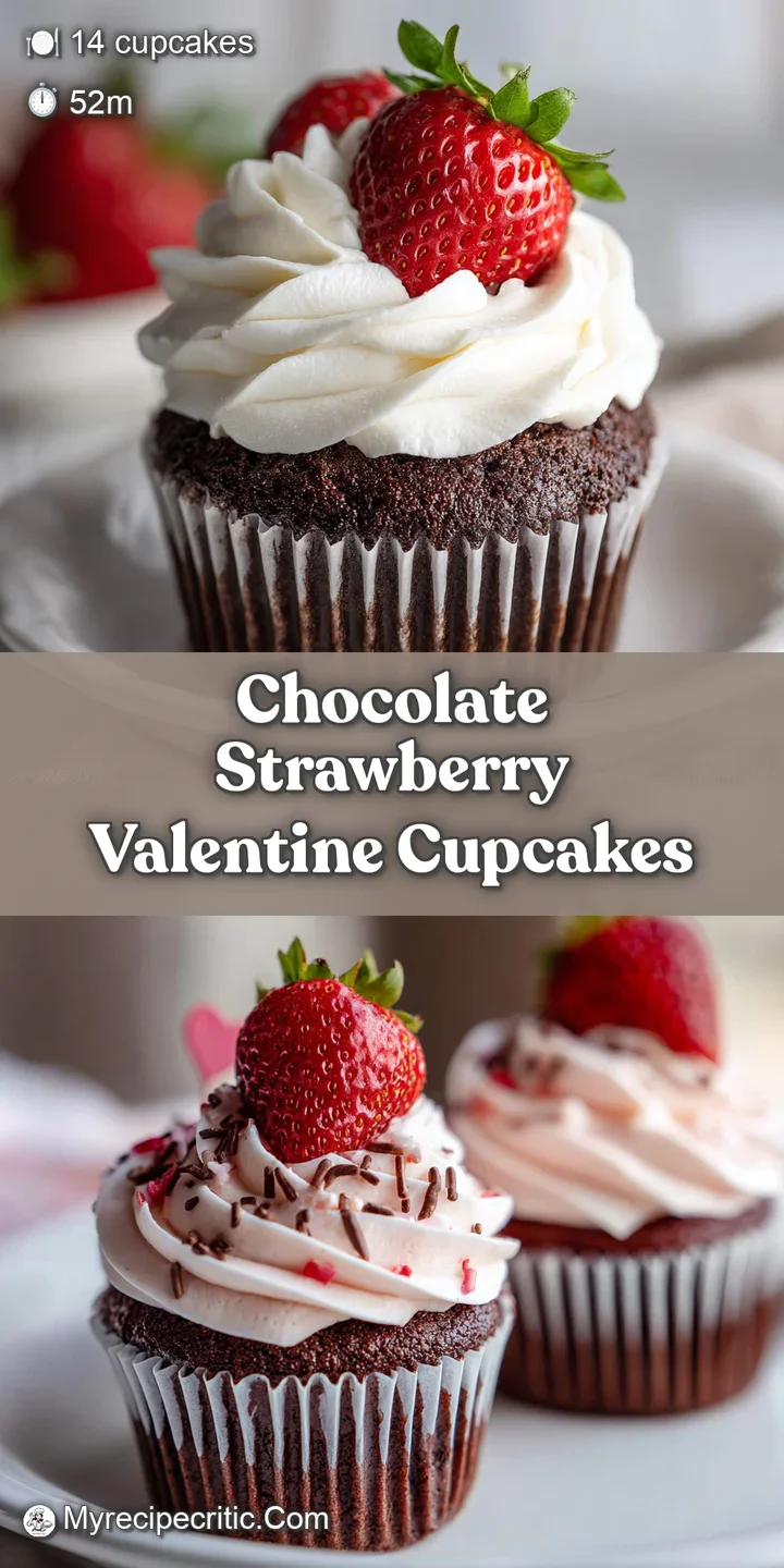Close-up of a chocolate cupcake with sliced strawberry. See the moist, dark chocolate sponge, creamy swirls of frosting, a...