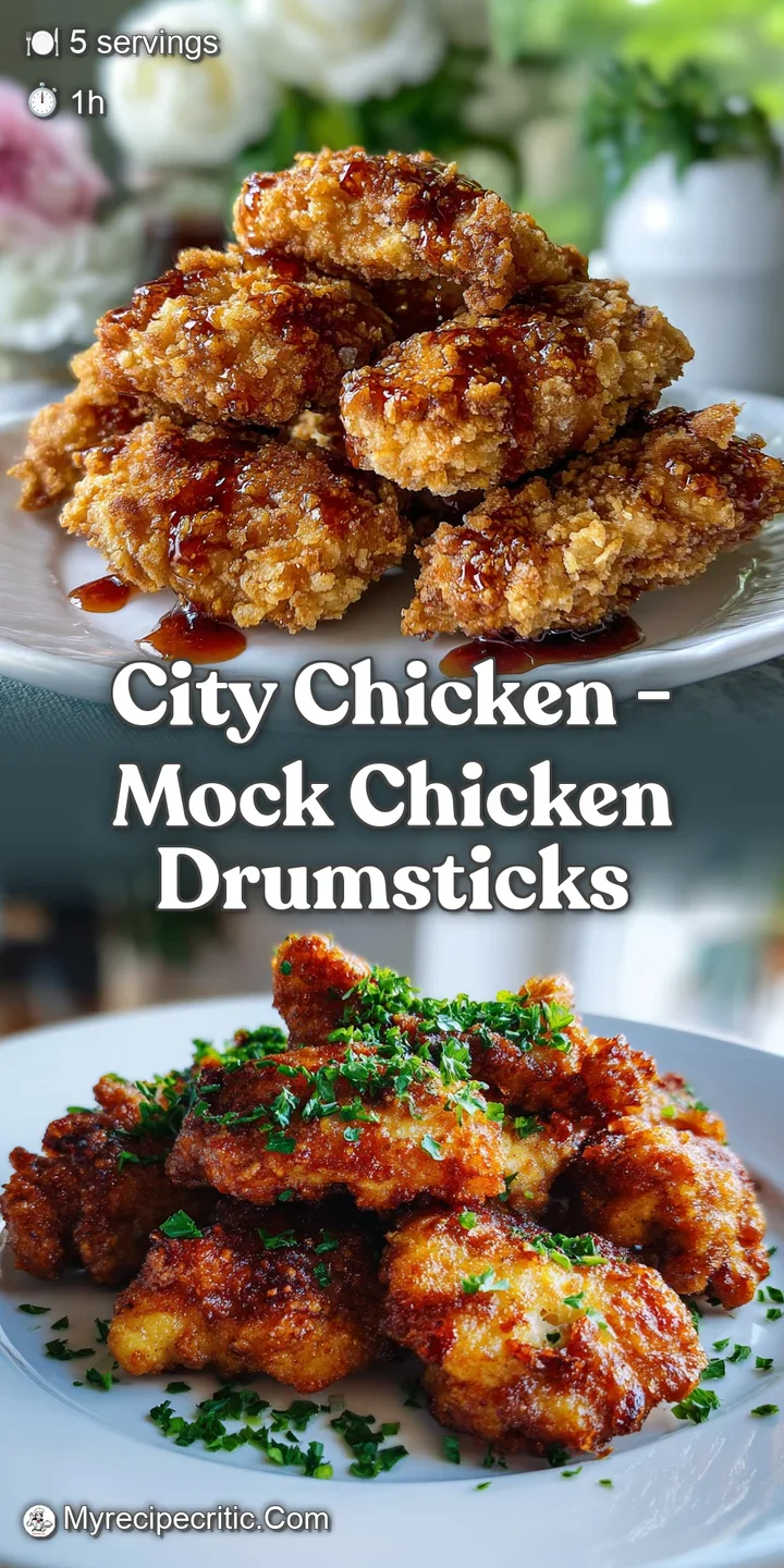 Close-up of baked city chicken skewer, revealing the golden-brown, crunchy breading. Meat appears juicy and tender, with v...