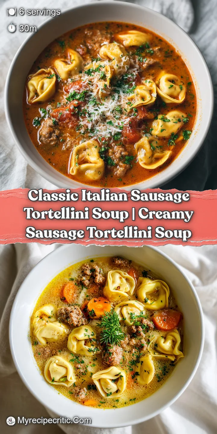 Close-up of plump tortellini swimming in a savory broth, studded with chunks of seasoned sausage.