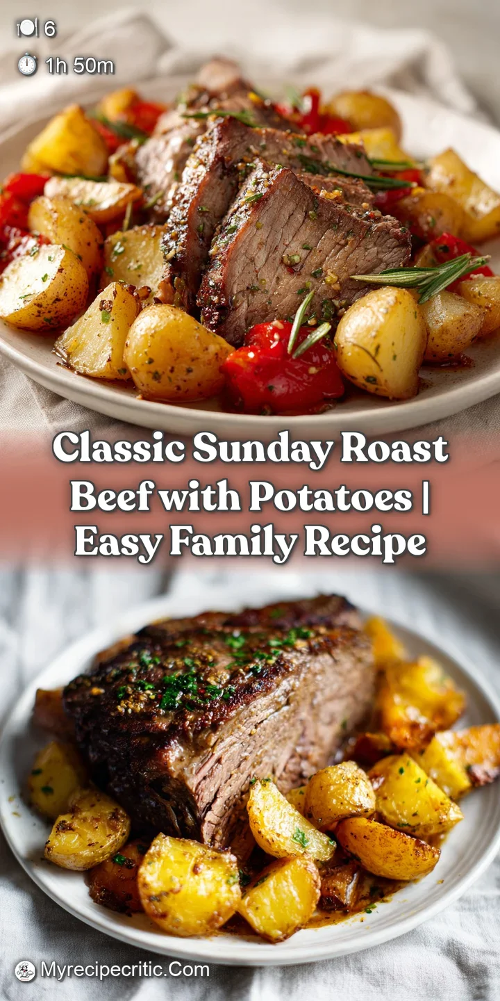 Close-up of perfectly roasted beef, glistening with savory juices. Golden-brown, crisp-edged potatoes and colorful herbs a...