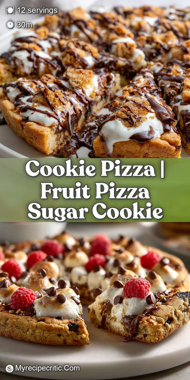 Close-up of cookie pizza reveals layers of gooey chocolate, bright candies, and a light glaze of creamy frosting on cookie...