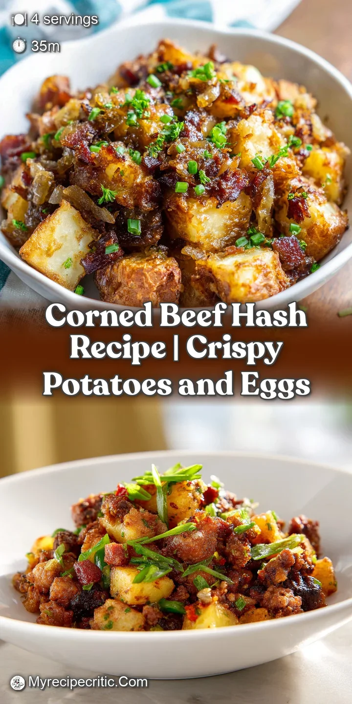 Close-up of savory corned beef hash, showing tender shredded beef and golden-brown potato cubes mixed with sauteed onion.