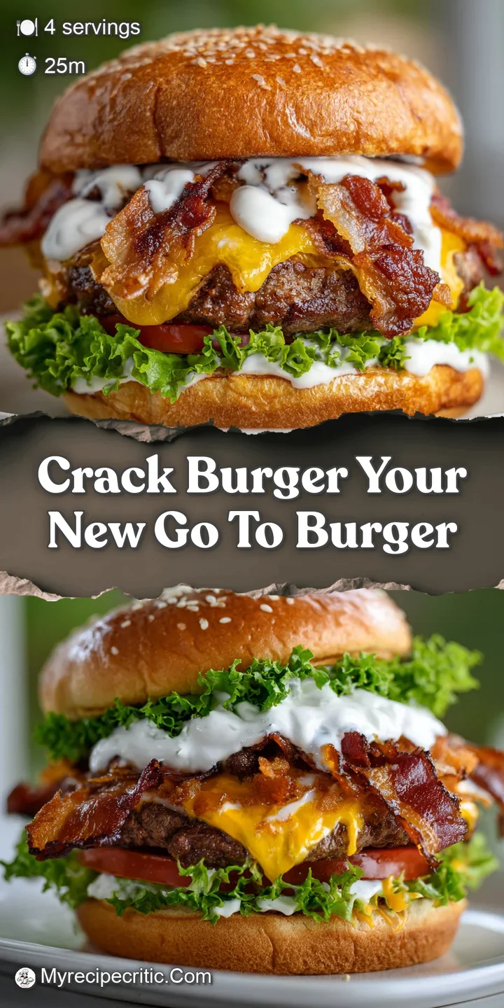 Close-up of a towering burger showing layers of glistening bacon, melted cheese, and a juicy patty. Mouthwatering detail.