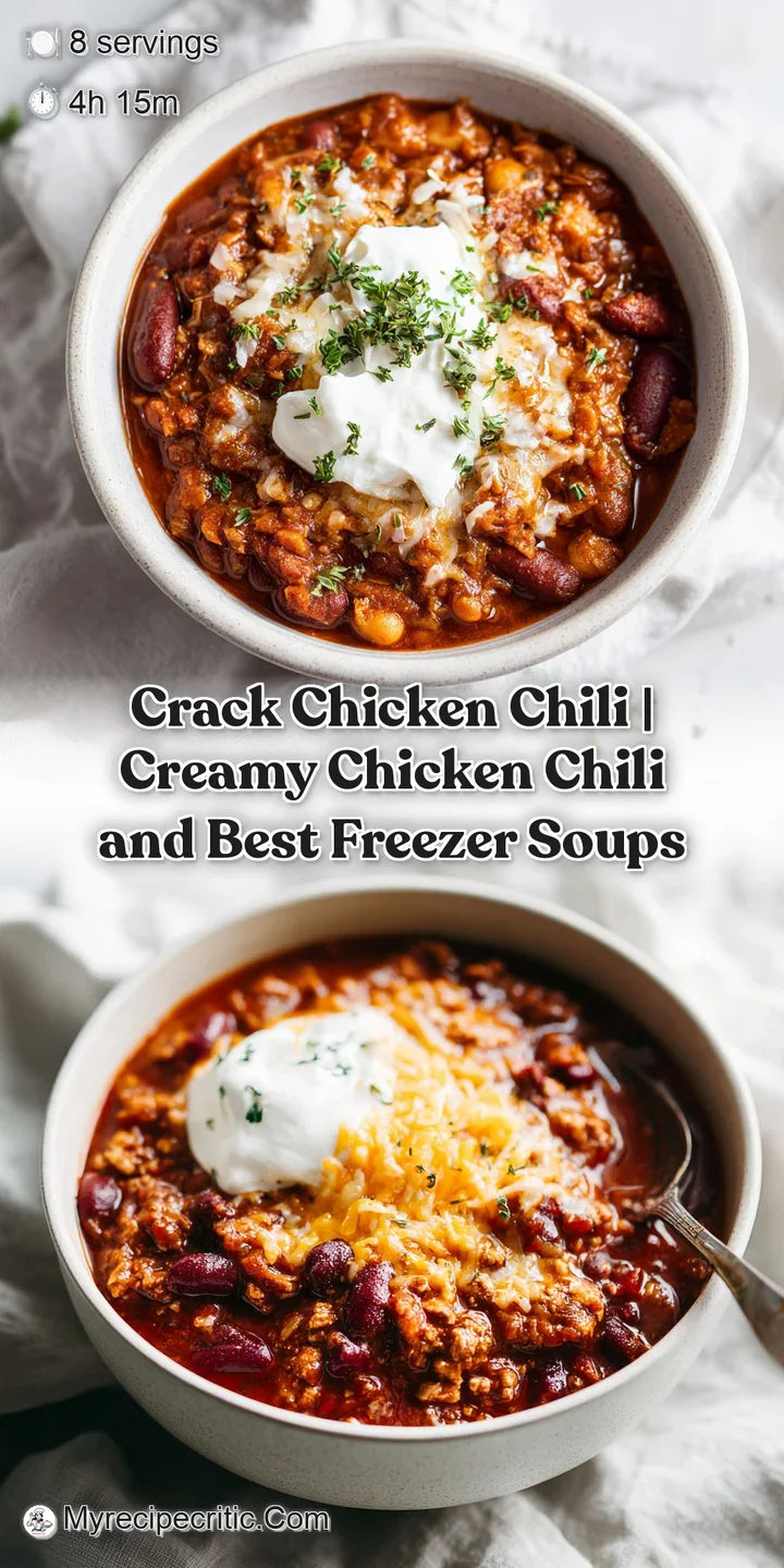 Close-up of a ladle scooping chunky chili, revealing tender shredded chicken, vibrant kidney beans, and golden melted cheese.