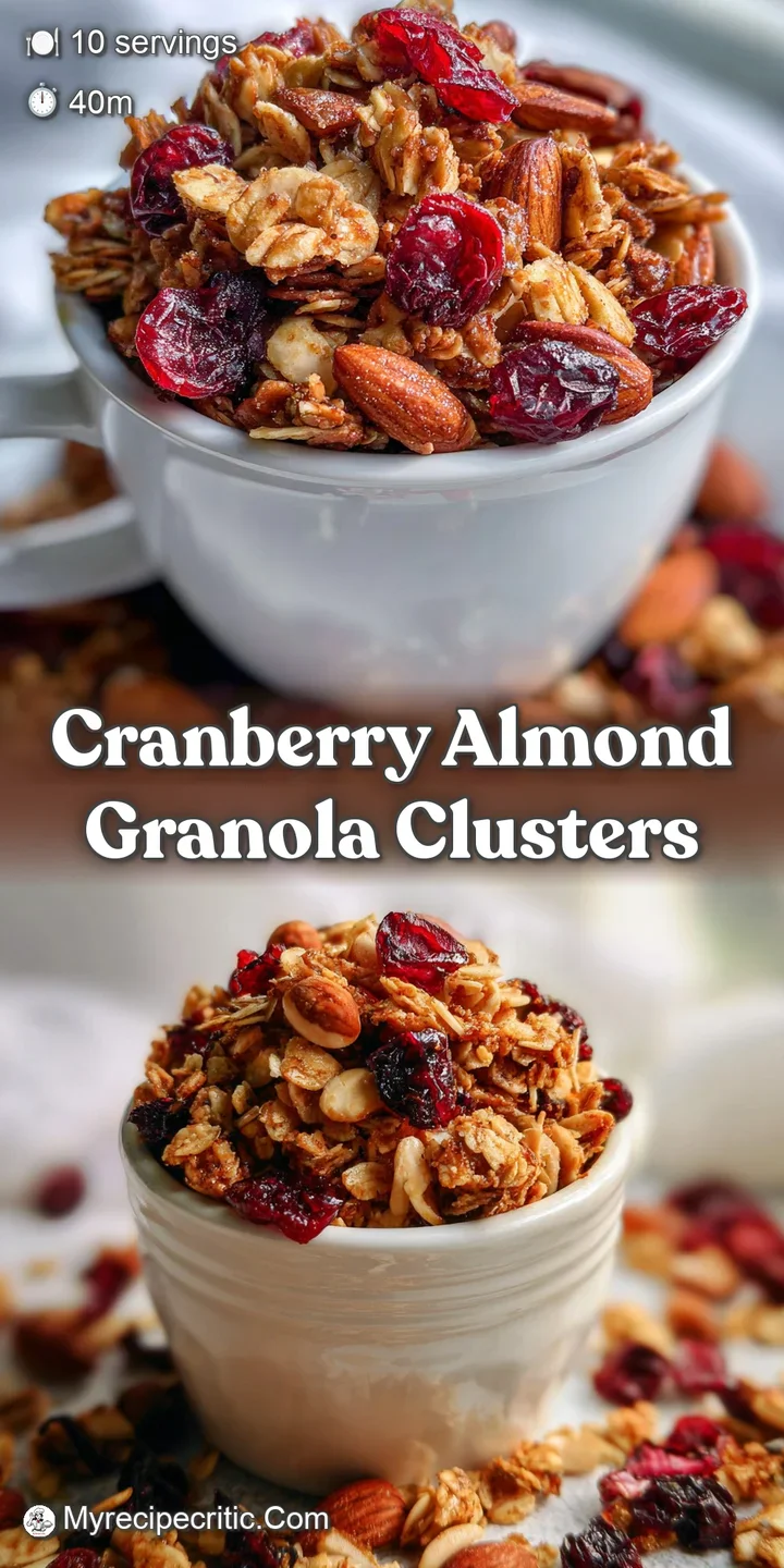 Close-up of crunchy granola showing glistening honey coating; plump cranberries and toasted almonds nestled among golden o...