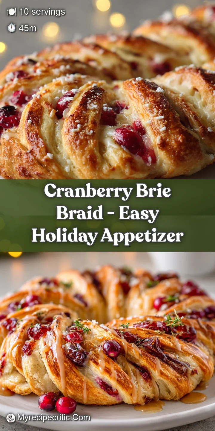 Close-up: a flaky cranberry brie braid with melted cheese spilling out. Sweet & tart aroma is almost tangible in this holi...