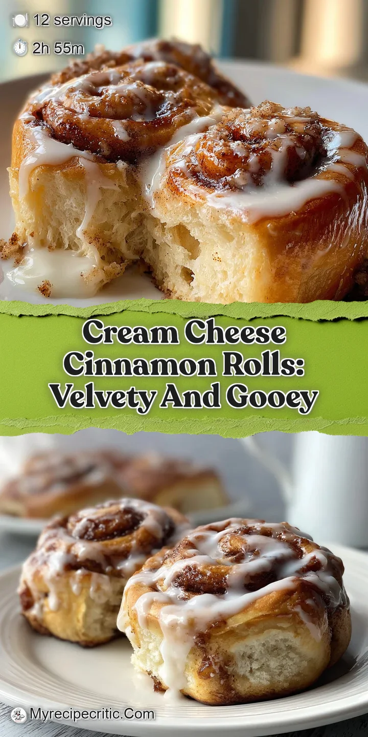 Close-up of a cream cheese frosted cinnamon roll. The spirals of dough and cinnamon are visible, with a rich, glossy frost...