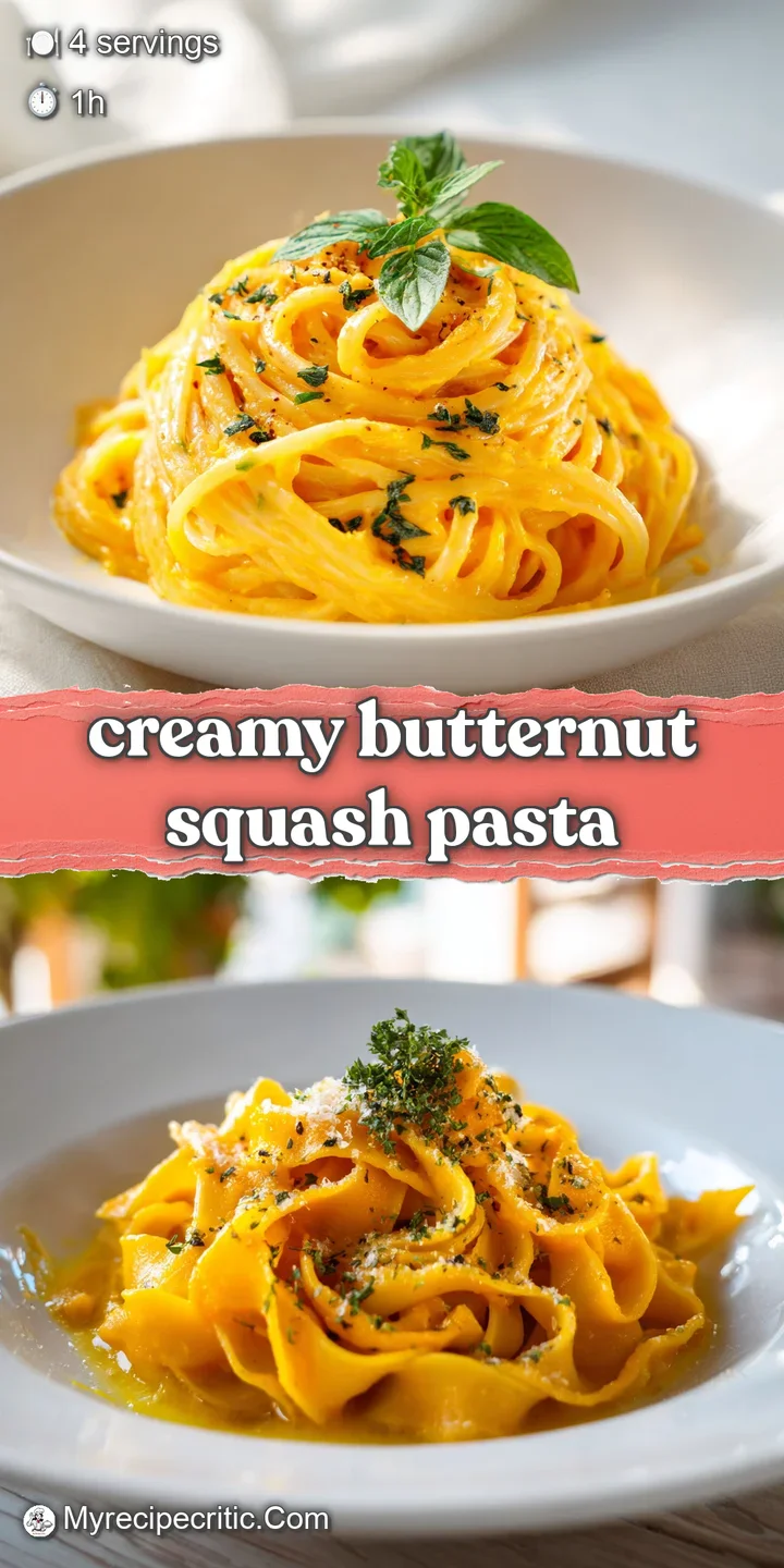 Close-up of creamy butternut squash pasta, highlighting the silky texture and vibrant color. Toasted pumpkin seeds add a c...