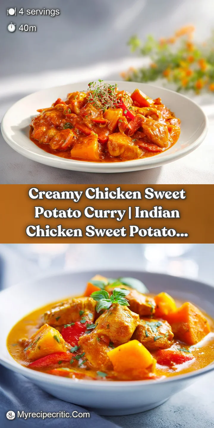 Close-up of succulent chicken and soft, cubed sweet potatoes bathed in a golden, spiced curry sauce.