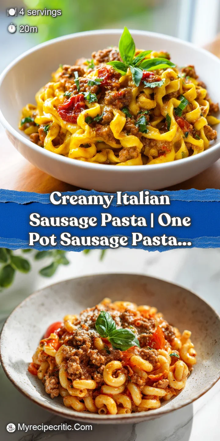 Close-up of tender pasta glistening with a velvety, pale sauce, studded with browned, savory sausage crumbles and fresh pa...