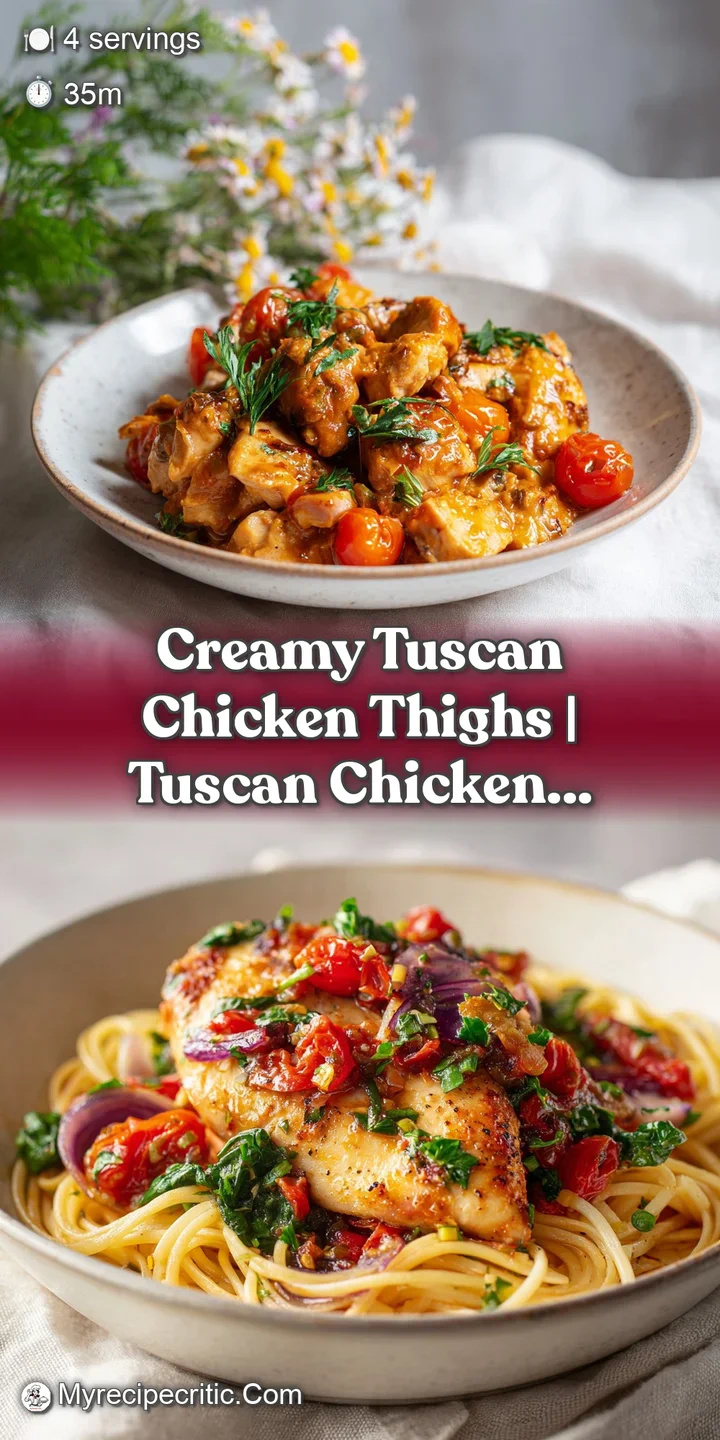 Close-up of succulent chicken thigh, showcasing a glossy Tuscan cream sauce with vibrant red tomatoes.
