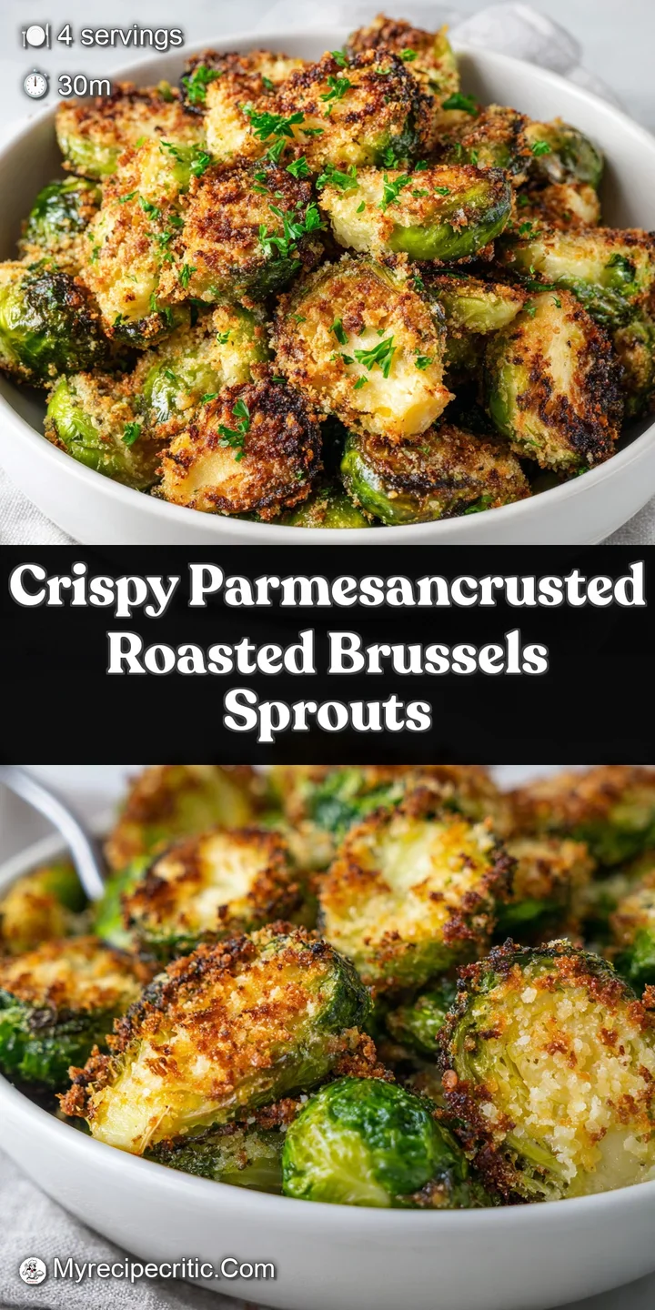 Close-up of roasted Brussels sprouts; crispy, browned leaves and melted Parmesan create a savory, inviting texture.