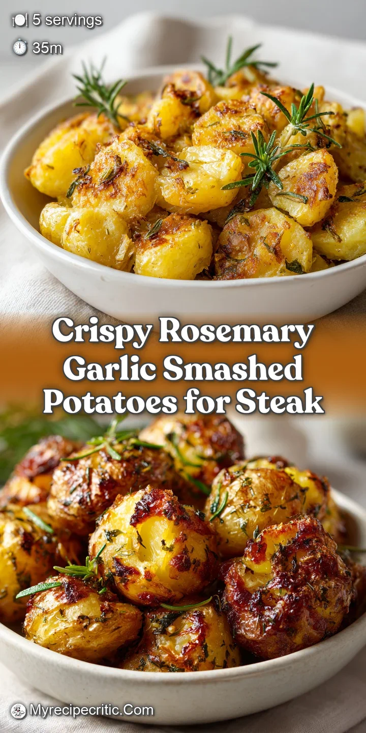 Close-up reveals the rough, browned texture of a smashed potato, glistening with garlic oil and fragrant rosemary. So savory!