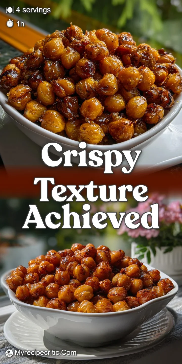 Close-up of crispy, textured roasted chickpeas, their earthy tones enhanced by a sprinkle of spices and glistening with he...