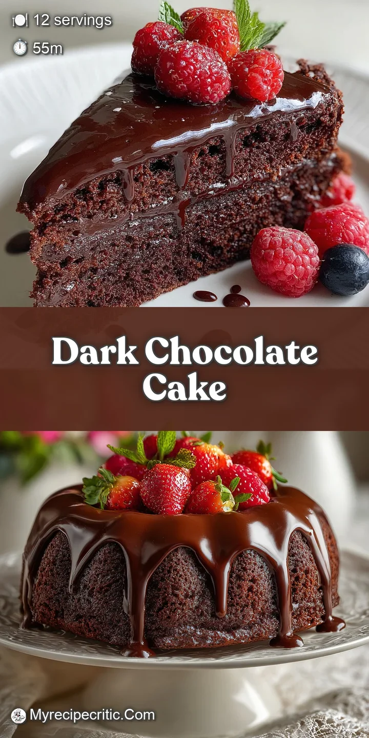 Close-up of dark chocolate cake. Fudgy, moist crumb is visible. Swirls of rich ganache make it look extra decadent and inv...