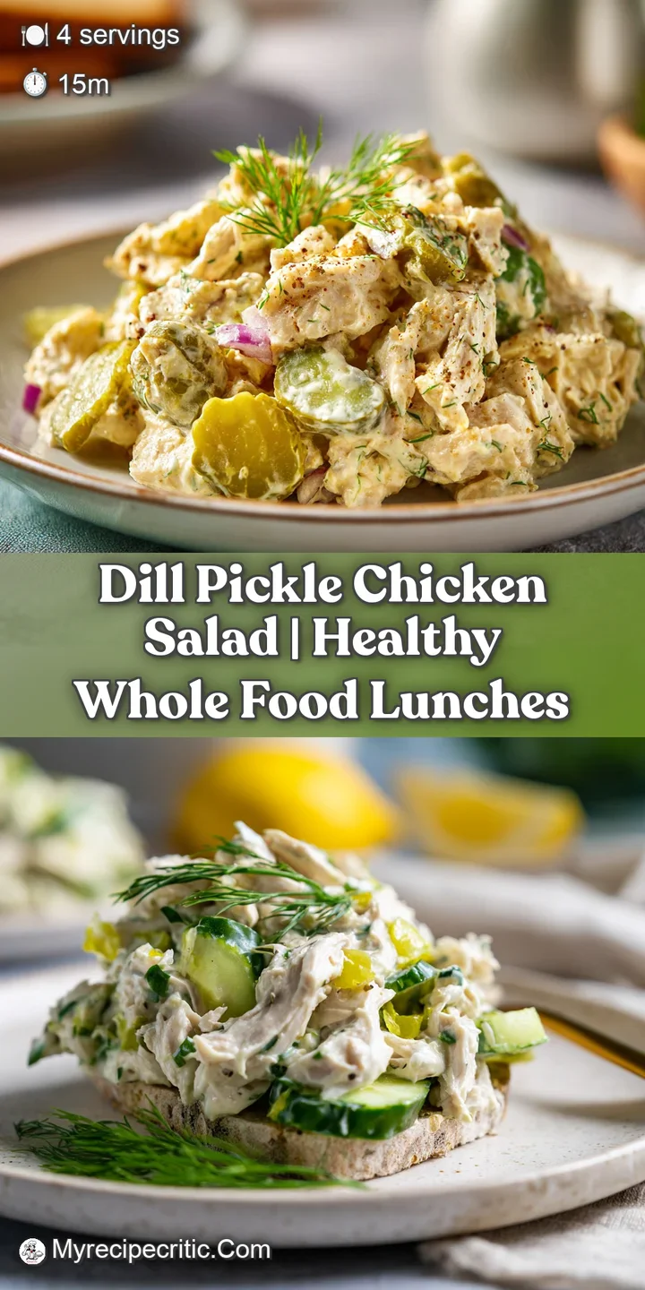 Close-up texture of creamy chicken salad with visible chopped dill and crunchy pickle bits.