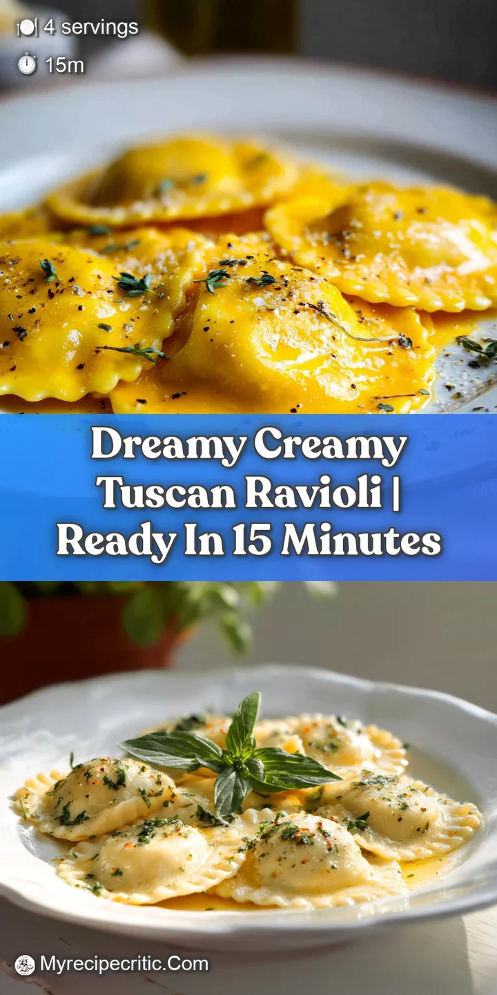 Close-up shows plump ravioli pockets filled with cheesy goodness, coated in a rich, smooth sauce, inviting you in for a de...