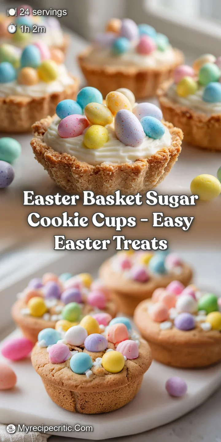 Close-up of an Easter sugar cookie cup, showing a swirl of light pink frosting with vibrant Easter candy and colorful spri...